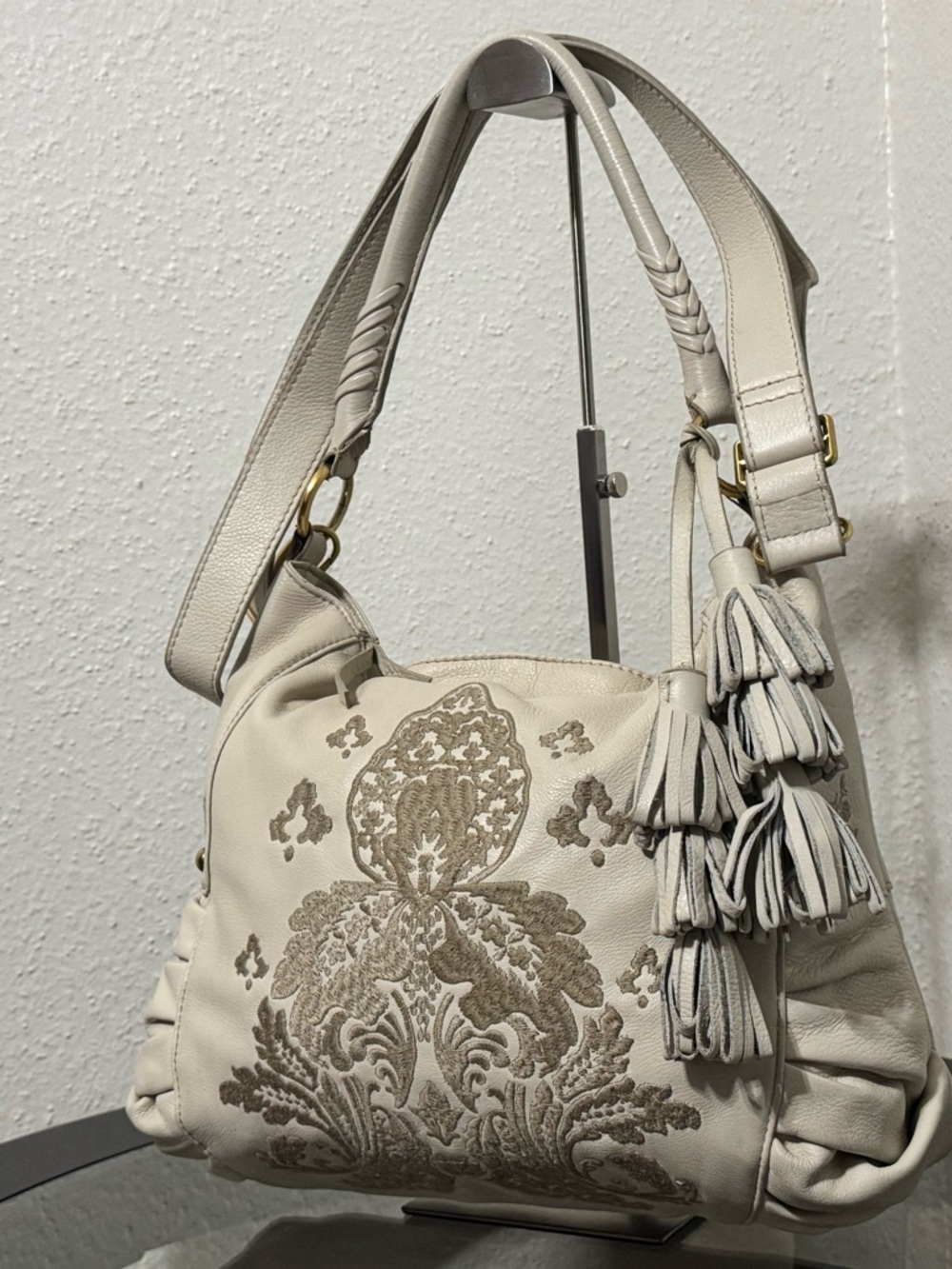 Isabella Fiore Cream Shoulder Bag with Gold Embroidered Motif - Picture 13 of 16